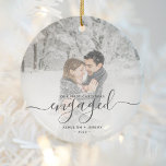 First Christmas Engaged Add Your Photo Grey Script Ceramic Ornament<br><div class="desc">Commemorate your engagement with this beautiful modern keepsake ornament. The charcoal grey text reads "Our first Christmas engaged, " with the word "engaged" in elegant handwriting script with flourishes before and after. Replace the sample image with your favourite photo, and add your names and the year. A white gradient filter...</div>