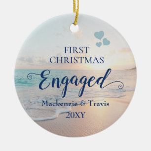 First Christmas Engaged Beach Sunset Ceramic Ornam Ornament