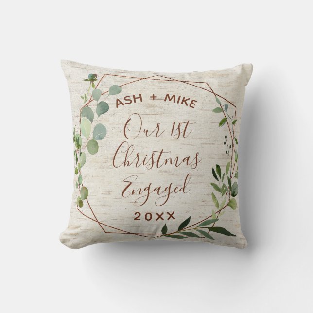 First Christmas Engaged Birch Eucalyptus Photo Throw Pillow (Front)