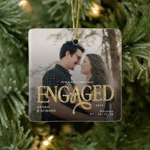 First Christmas Engaged  Chic Couples 2 Photos Ceramic Ornament