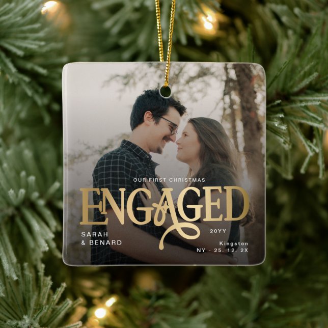 First Christmas Engaged  Chic Couples 2 Photos Ceramic Ornament (Tree)
