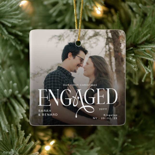 First Christmas Engaged  Chic Couples 2 Photos Ceramic Ornament (Tree)