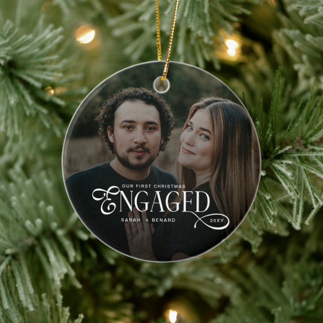 First Christmas Engaged  Chic Couples Photo Ceramic Ornament (Tree)