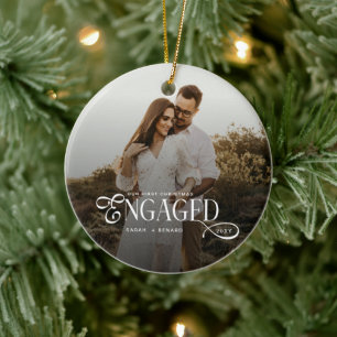 First Christmas Engaged Chic Couples Photo Ceramic Ornament