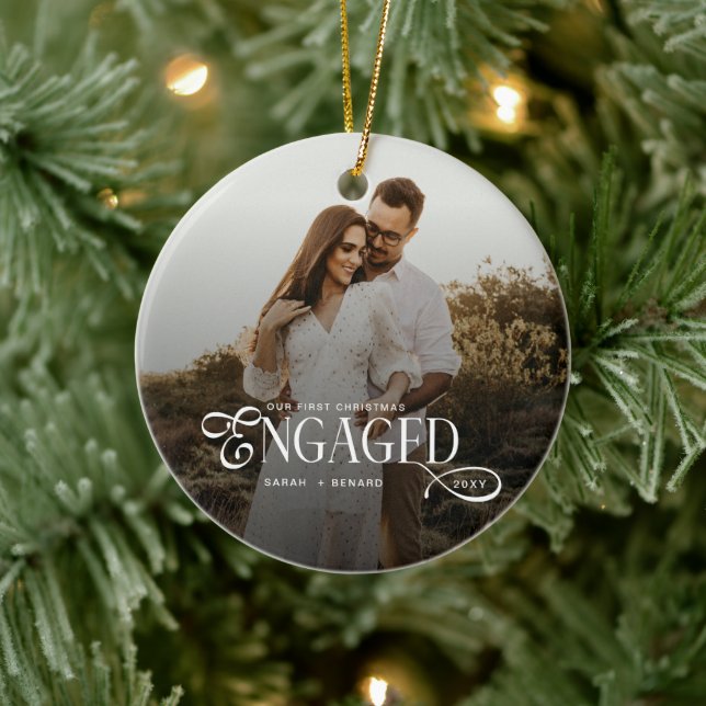 First Christmas Engaged  Chic Couples Photo Ceramic Ornament (Tree)