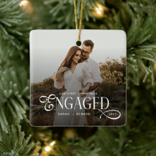 First Christmas Engaged  Chic Couples Photo Ceramic Ornament