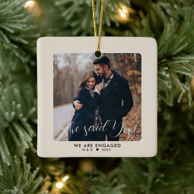 First Christmas Engaged Couple Custom Photo Ceramic Ornament (Tree)