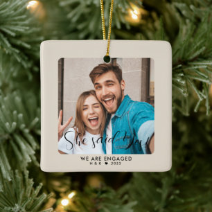 First Christmas Engaged Couple Custom Photo Ceramic Ornament