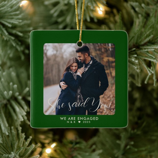 First Christmas Engaged Couple Custom Photo Ceramic Ornament (Tree)