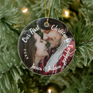 First Christmas Engaged Couple Engagement Photo Ceramic Ornament