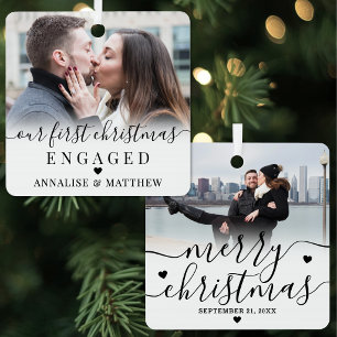 First Christmas Engaged Couple Engagement Photo Metal Ornament