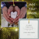 First Christmas Engaged Couple Photo Elegant Ceramic Ornament<br><div class="desc">Celebrate the magic of your First Christmas engaged with our couple photo elegant ceramic ornament. Personalize this beautiful keepsake with your engagement photo or cherished picture. Add names and year on the back that is delicately accented with snowflakes. Add a touch of romance to your holiday decor and cherish this...</div>