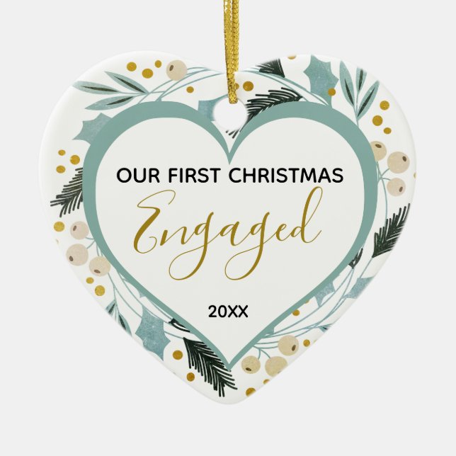 First Christmas Engaged Couple Photo Gold Heart Ceramic Ornament (Front)