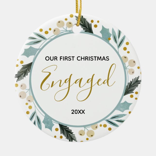 First Christmas Engaged Couple Photo Gold Modern Ceramic Ornament (Front)