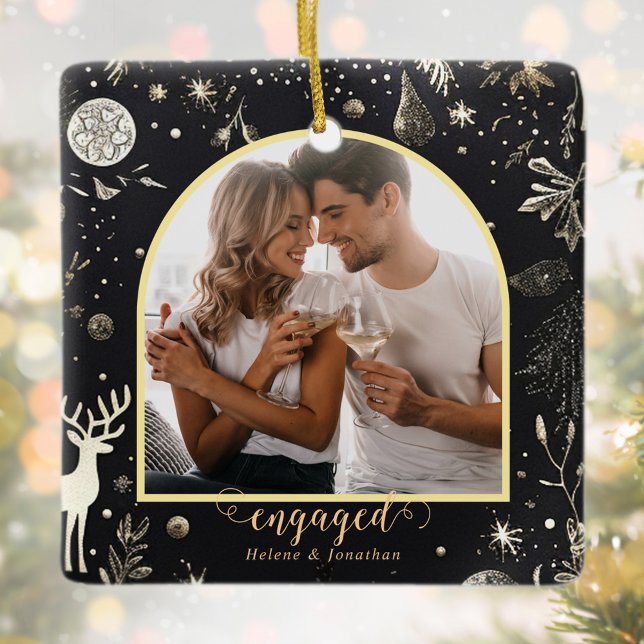 First Christmas Engaged Couple Photo Holiday Ceramic Ornament (First Christmas Engaged Couple Photo Holiday Ceramic Ornament)