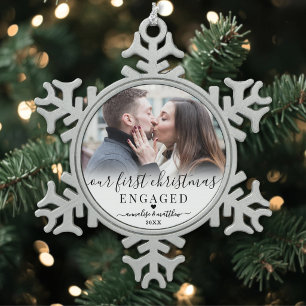 First Christmas Engaged Couple Photo Snowflake Pewter Christmas Ornament
