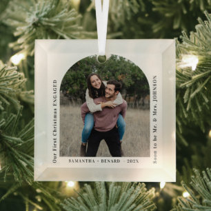 First Christmas Engaged Couples Photo Arch Glass Ornament