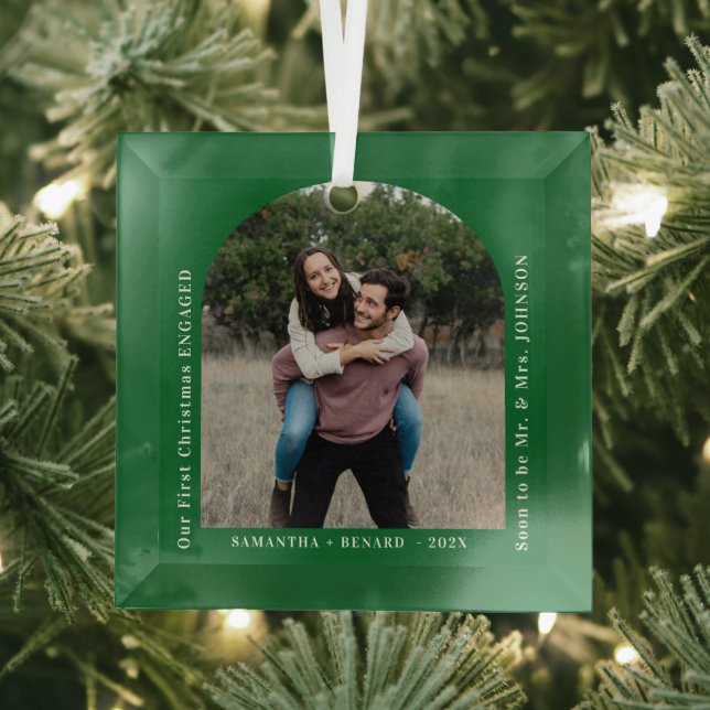 First Christmas Engaged Couples Photo Arch Glass Ornament (Insitu)