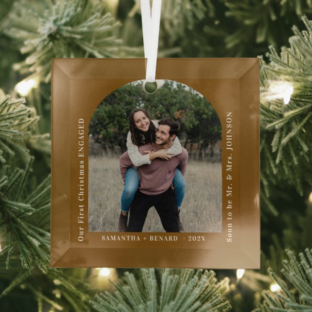 First Christmas Engaged Couples Photo Arch Glass Ornament (Insitu)