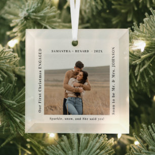 First Christmas Engaged  Couples Photo Glass Ornament