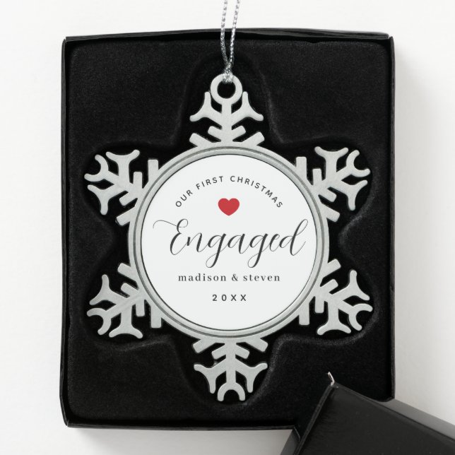 First Christmas Engaged Couples Script Keepsake Snowflake Pewter Christmas Ornament (Box)