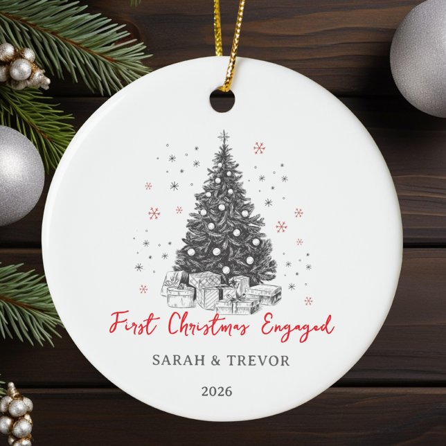 First Christmas Engaged Custom Black and White Ceramic Ornament (Creator Uploaded)