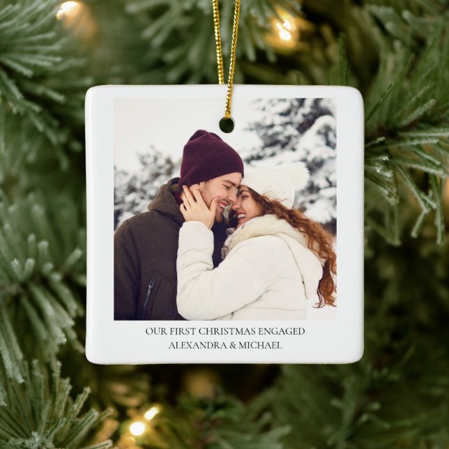 First Christmas Engaged | Custom Engagement Photo Ceramic Ornament (Tree)