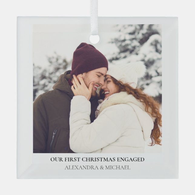 First Christmas Engaged | Custom Engagement Photo Glass Ornament (Front)