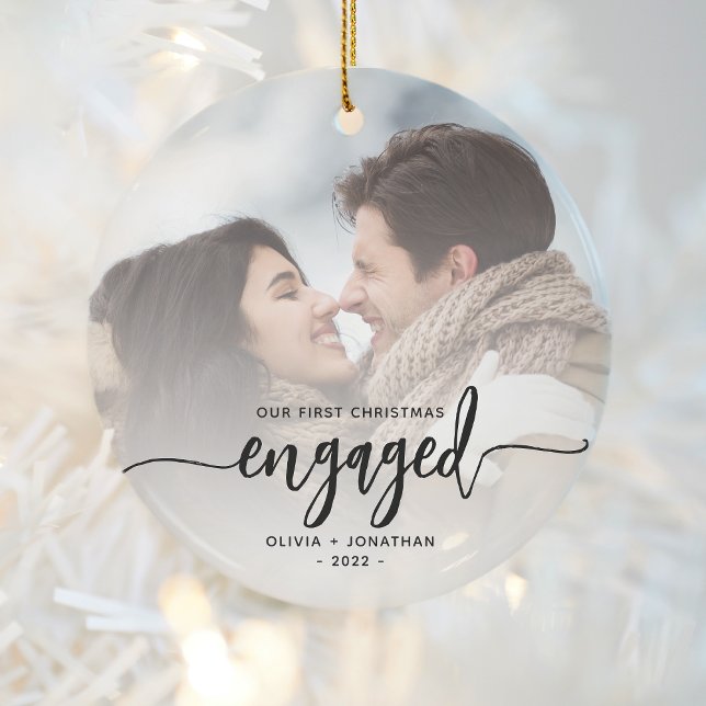 First Christmas Engaged Custom Photo Black Script Ceramic Ornament (Creator Uploaded)
