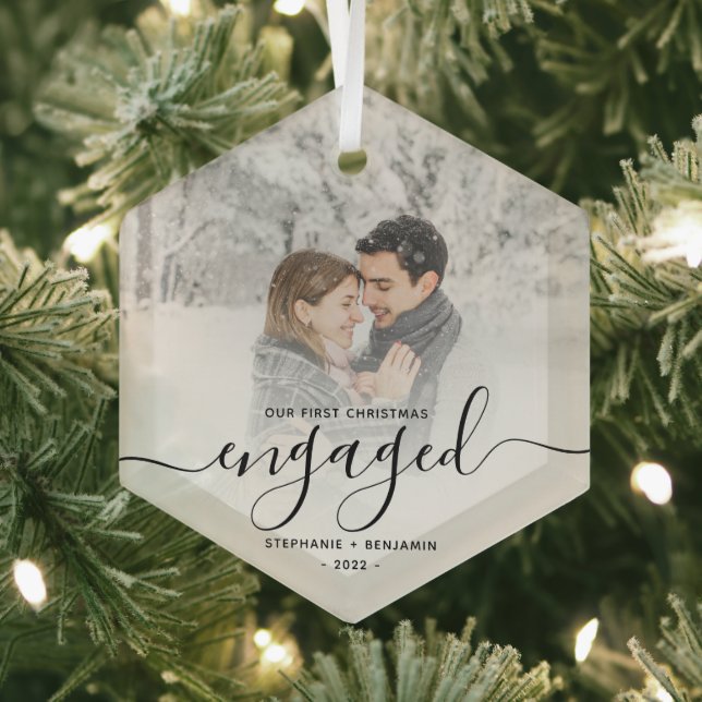 First Christmas Engaged Custom Photo Black Script Glass Ornament (Insitu)