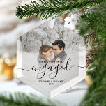 First Christmas Engaged Custom Photo Black Script Glass Ornament<br><div class="desc">Commemorate your engagement with this beautiful modern keepsake ornament. The black text reads "Our first Christmas engaged, " with the word "engaged" in elegant handwriting script with flourishes before and after. Replace the sample image with your favourite photo, and add your names and the year. A white gradient filter helps...</div>