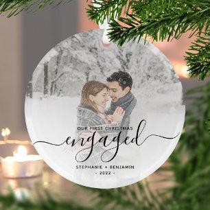 First Christmas Engaged Custom Photo Black Script Glass Ornament