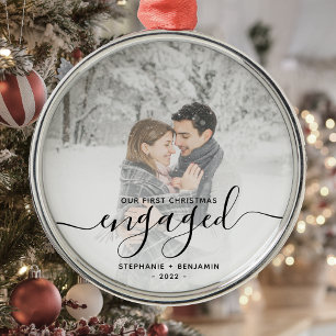 First Christmas Engaged Custom Photo Black Script Metal Ornament
