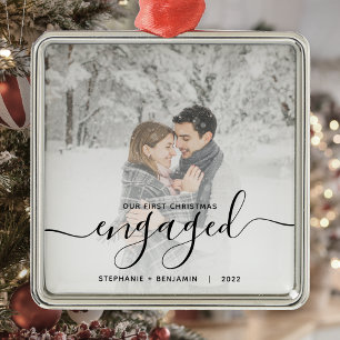 First Christmas Engaged Custom Photo Black Script Metal Ornament