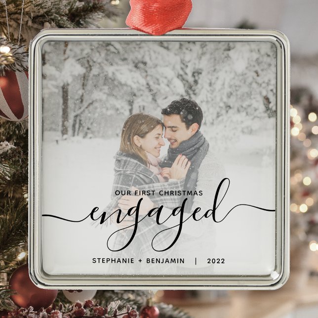 First Christmas Engaged Custom Photo Black Script Metal Ornament (Creator Uploaded)