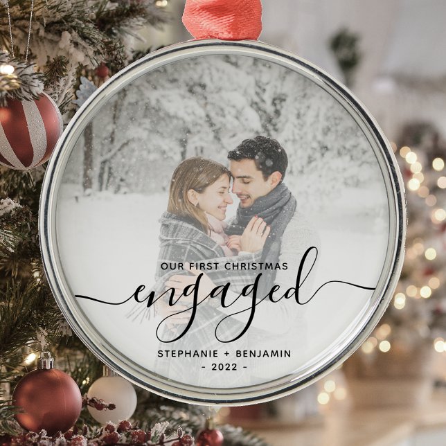 First Christmas Engaged Custom Photo Black Script Metal Ornament (Creator Uploaded)