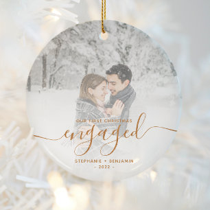 First Christmas Engaged Custom Photo Copper Script Ceramic Ornament
