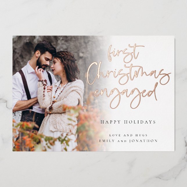 First Christmas Engaged Custom Photo Glam Foil Holiday Card (Front)