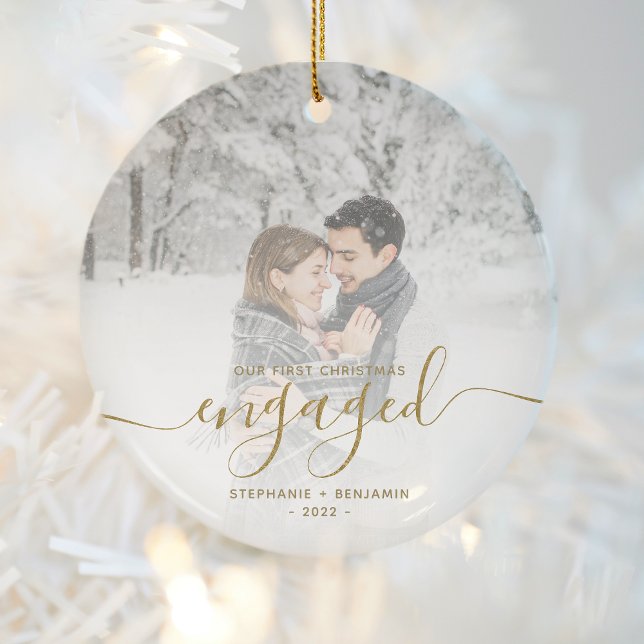 First Christmas Engaged Custom Photo Gold Script Ceramic Ornament (Creator Uploaded)