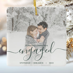 First Christmas Engaged Custom Photo Green Script Ceramic Ornament