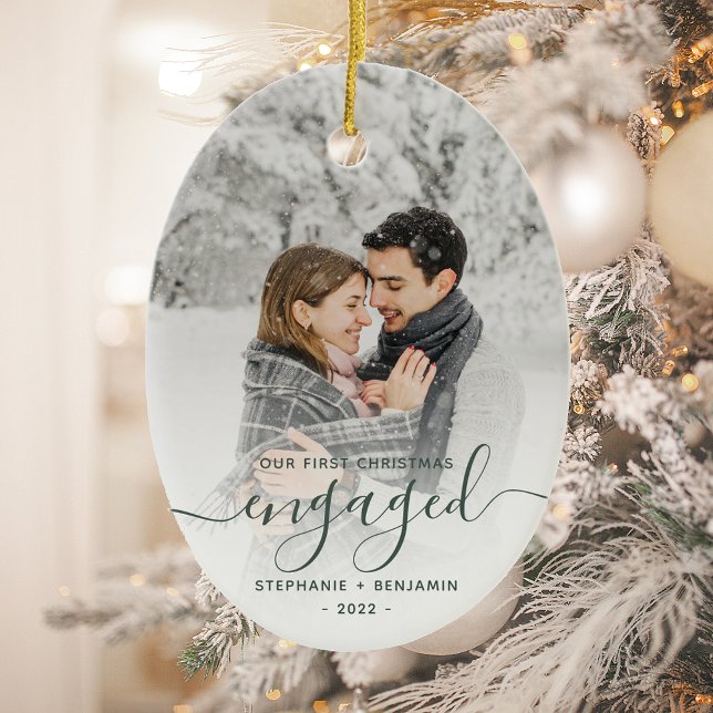 First Christmas Engaged Custom Photo Green Script Ceramic Ornament (Creator Uploaded)
