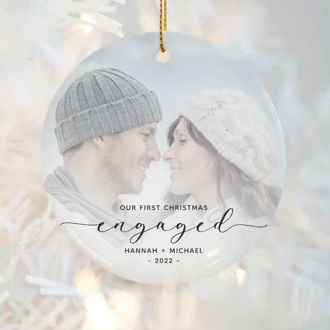 First Christmas Engaged Custom Photo Green Script Ceramic Ornament (Creator Uploaded)