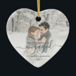 First Christmas Engaged Custom Photo Green Script Ceramic Ornament<br><div class="desc">Commemorate your engagement with this beautiful heart-shaped keepsake ornament. The green text reads "Our first Christmas engaged, " with the word "engaged" in elegant handwriting script with flourishes before and after. Replace the sample image with your favourite photo, and add your names and the year. A white gradient filter helps...</div>