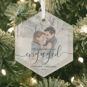 First Christmas Engaged Custom Photo Green Script Glass Ornament