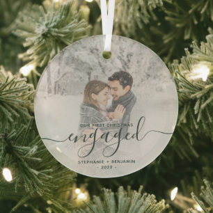 First Christmas Engaged Custom Photo Green Script Glass Ornament