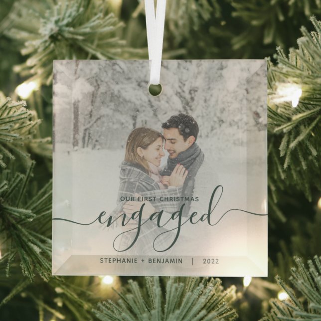 First Christmas Engaged Custom Photo Green Script Glass Ornament (Insitu)