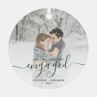 First Christmas Engaged Custom Photo Green Script