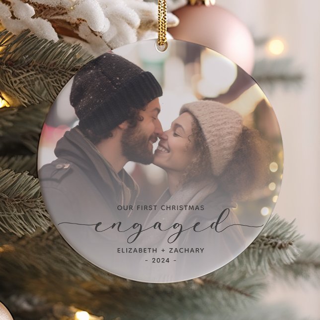 First Christmas Engaged Custom Photo Grey Script Ceramic Ornament (Creator Uploaded)