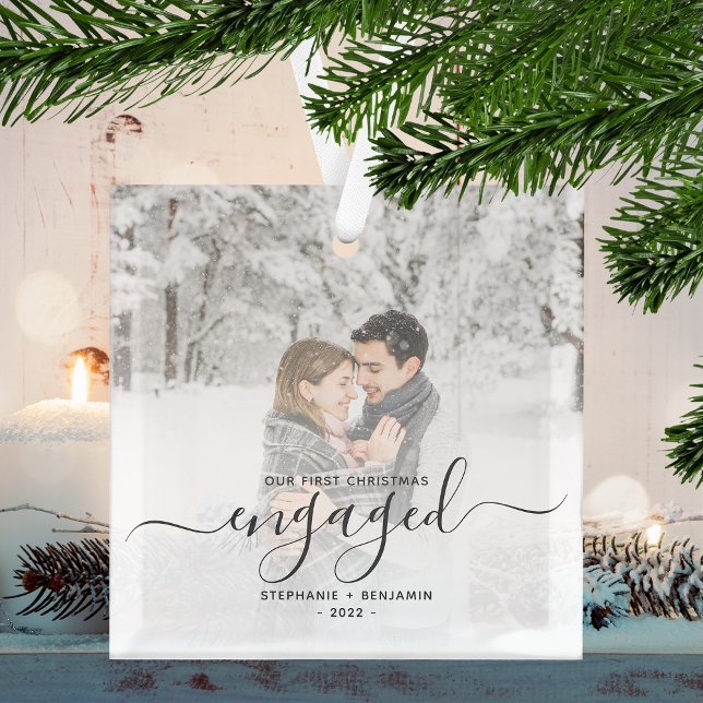 First Christmas Engaged Custom Photo Grey Script Glass Ornament (Creator Uploaded)