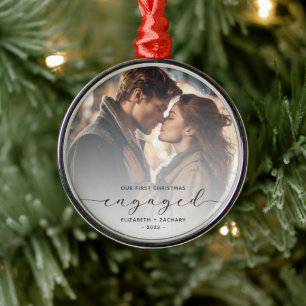First Christmas Engaged Custom Photo Grey Script Metal Ornament